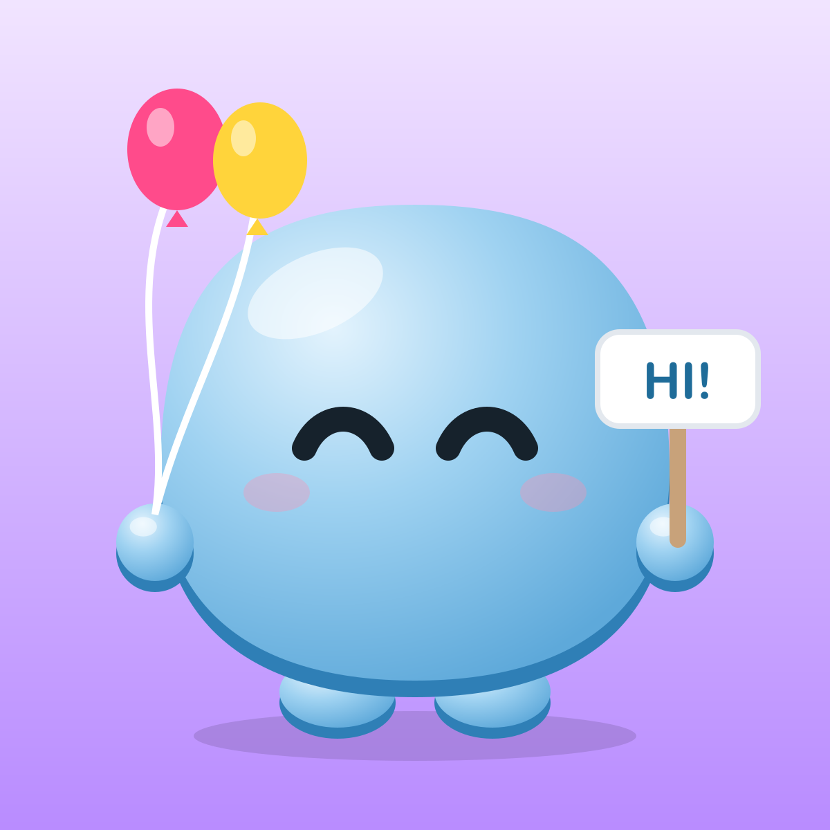Vann, the Vantr mascot, holding balloons and a HI sign