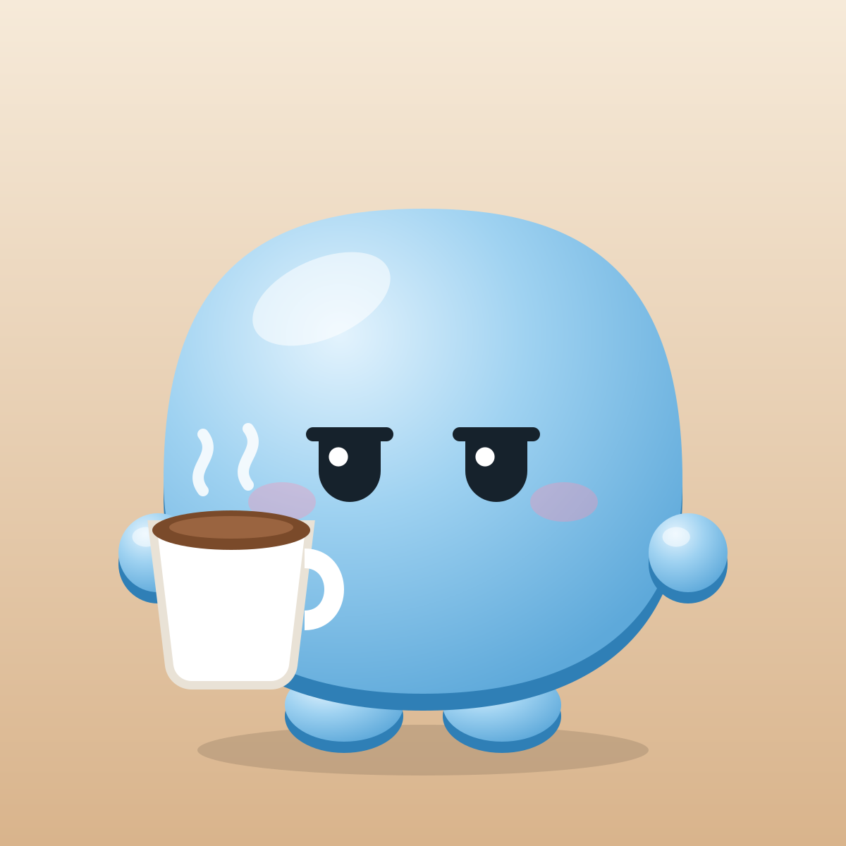 Vann, the Vantr mascot, sleepy-eyed with a mug of coffee