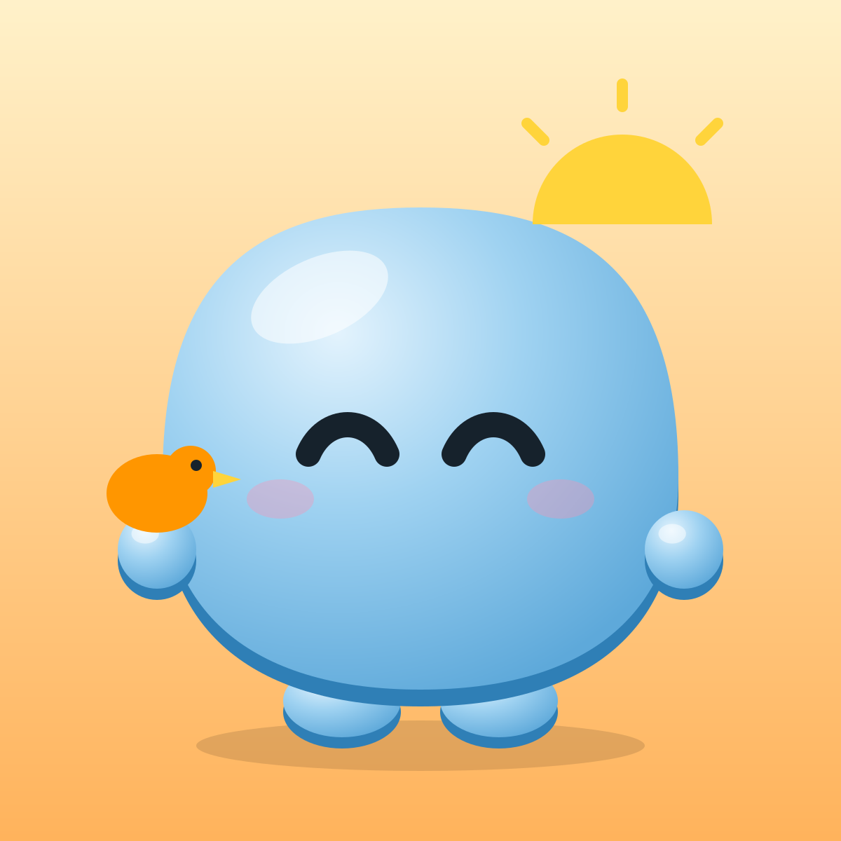 Vann, the Vantr mascot, with a little bird on his hand at sunrise