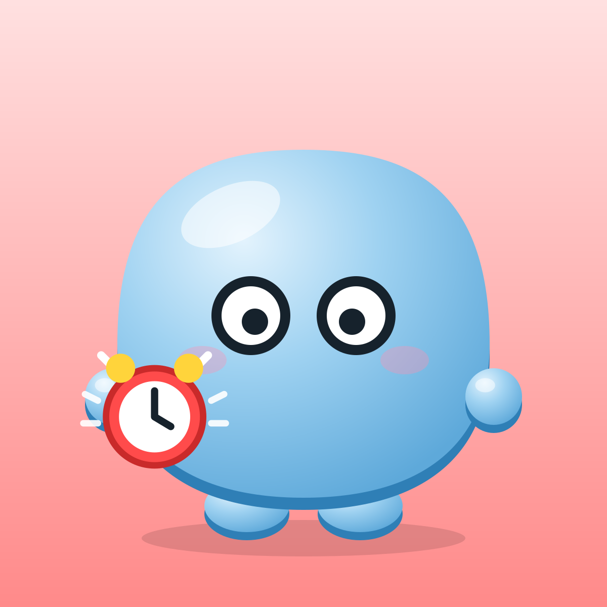 Vann, the Vantr mascot, wide-eyed next to a ringing alarm clock