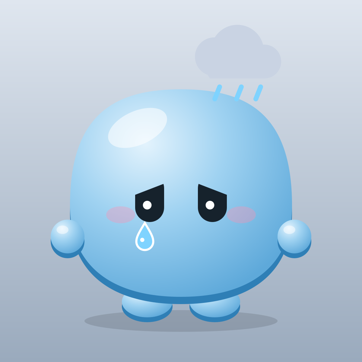 Vann, the Vantr mascot, sad under a little rain cloud