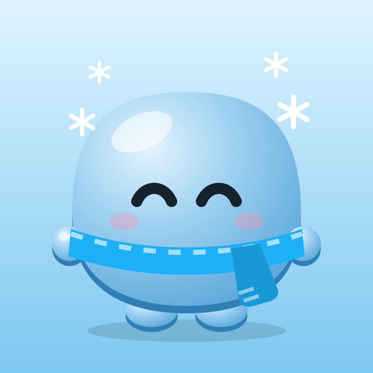 Vann, the Vantr mascot, smiling in a blue scarf with snowflakes