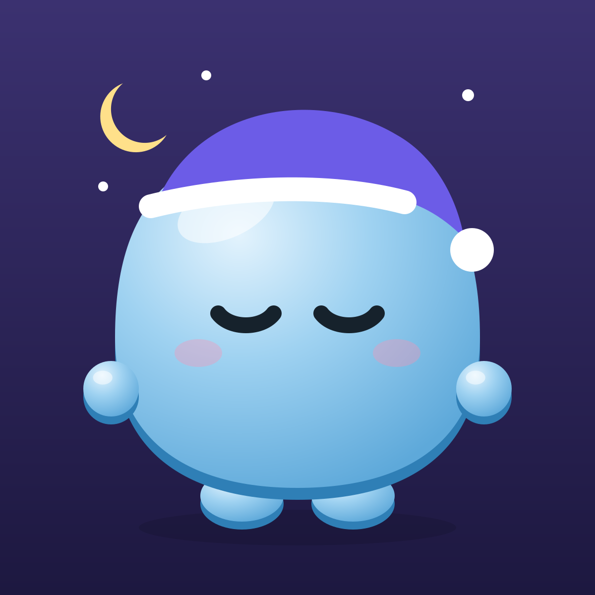 Vann, the Vantr mascot, asleep in a purple nightcap under the moon